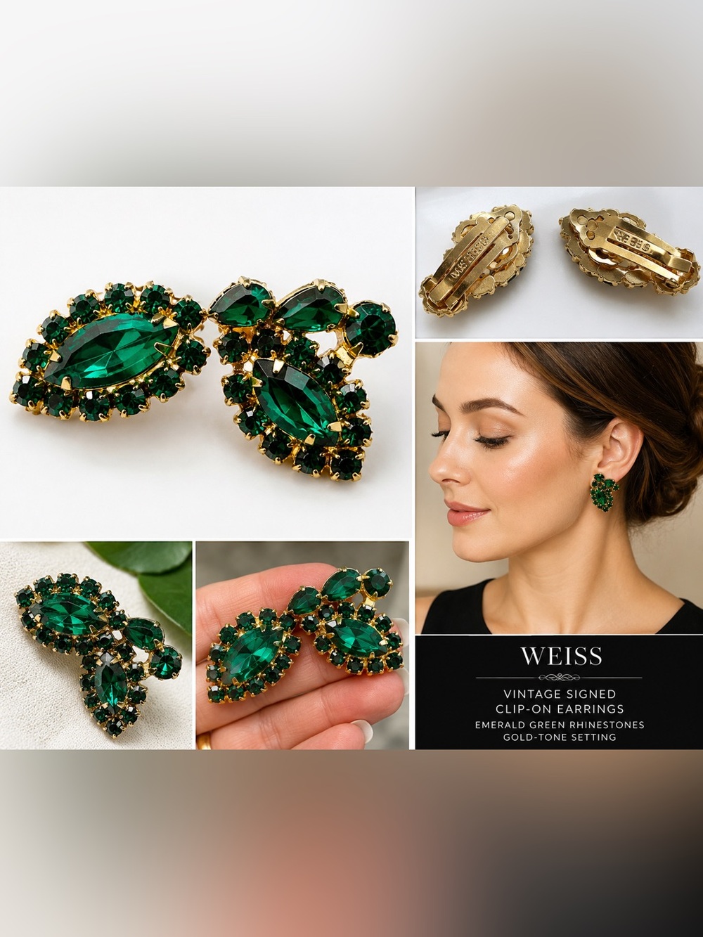 Albert Weiss Emerald Green Rhinestone Clip-On Earrings - Gold-Tone